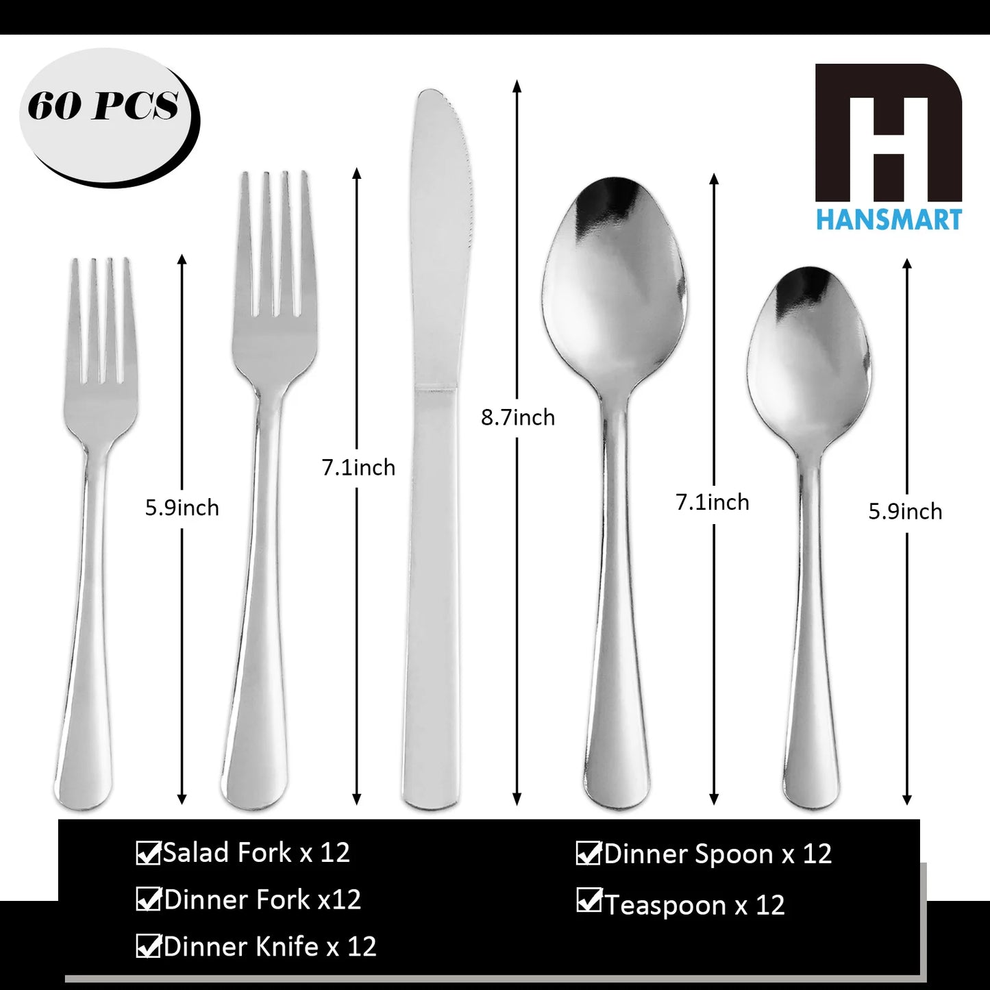 HANSMART 60-Piece Stainless Steel Flatware Set Dishwasher Safe