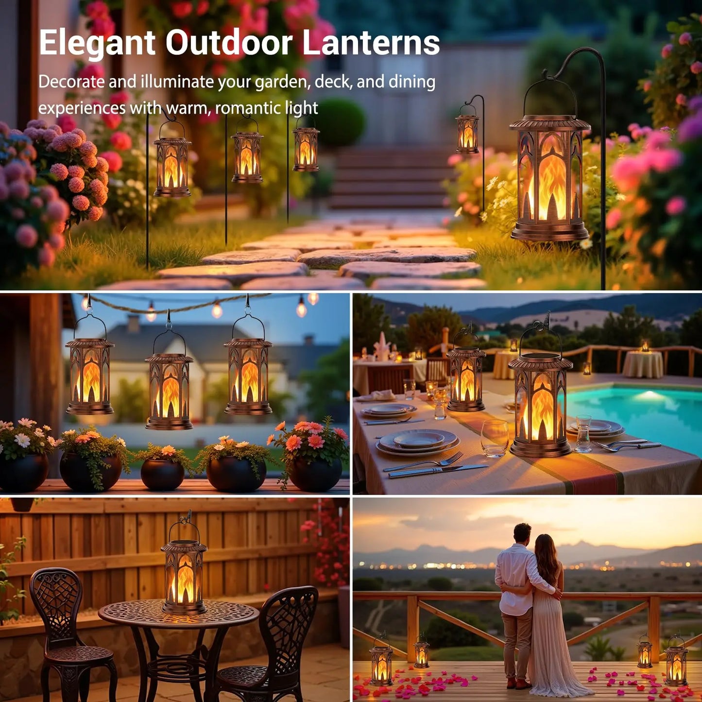 Solar Lantern Lights Flickering Flame LED Auto On Off Waterproof