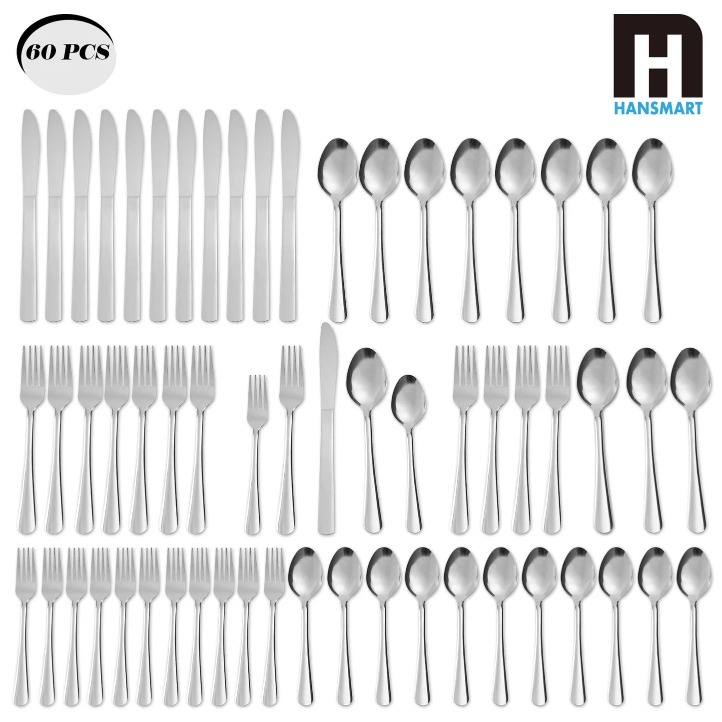 HANSMART 60-Piece Stainless Steel Flatware Set Dishwasher Safe