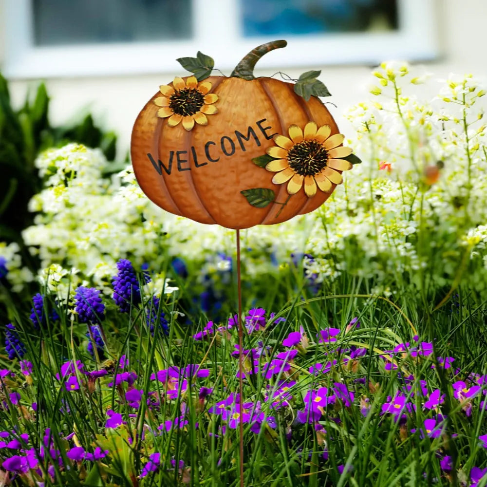 NONEM Metal Pumpkin Yard Sign Stakes With Sunflowers