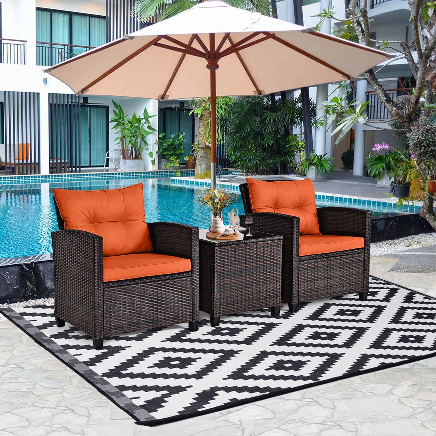 HOMASIS 3 Piece Outdoor Rattan Conversation Set Cushioned