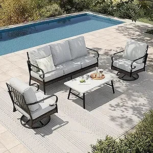 Outdoor 4-Piece Patio Set With Metal And Rattan Rocking Chairs And Marble Table