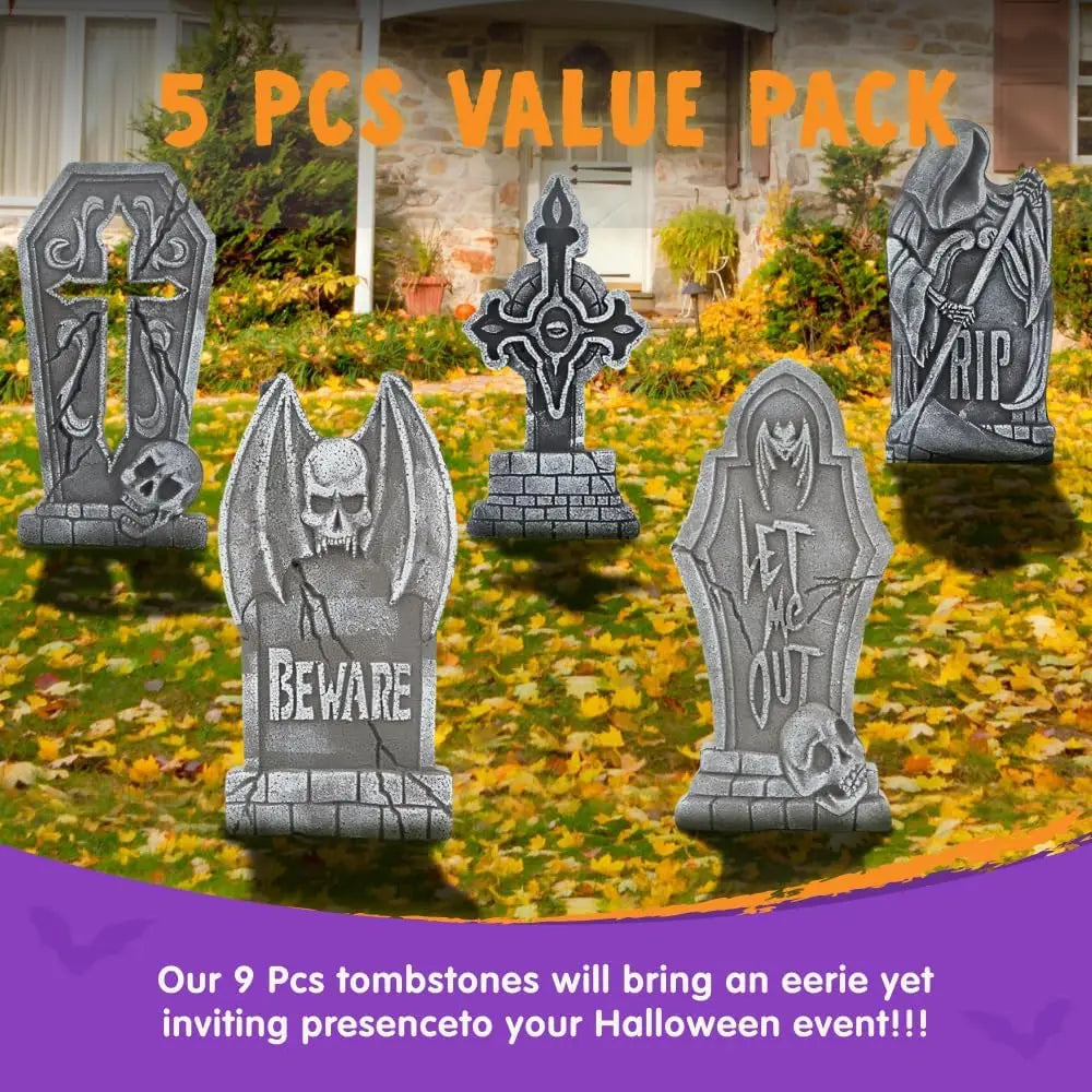 Halloween Outdoor Foam Tombstones Graveyard Headstones 5 Pack With Stakes