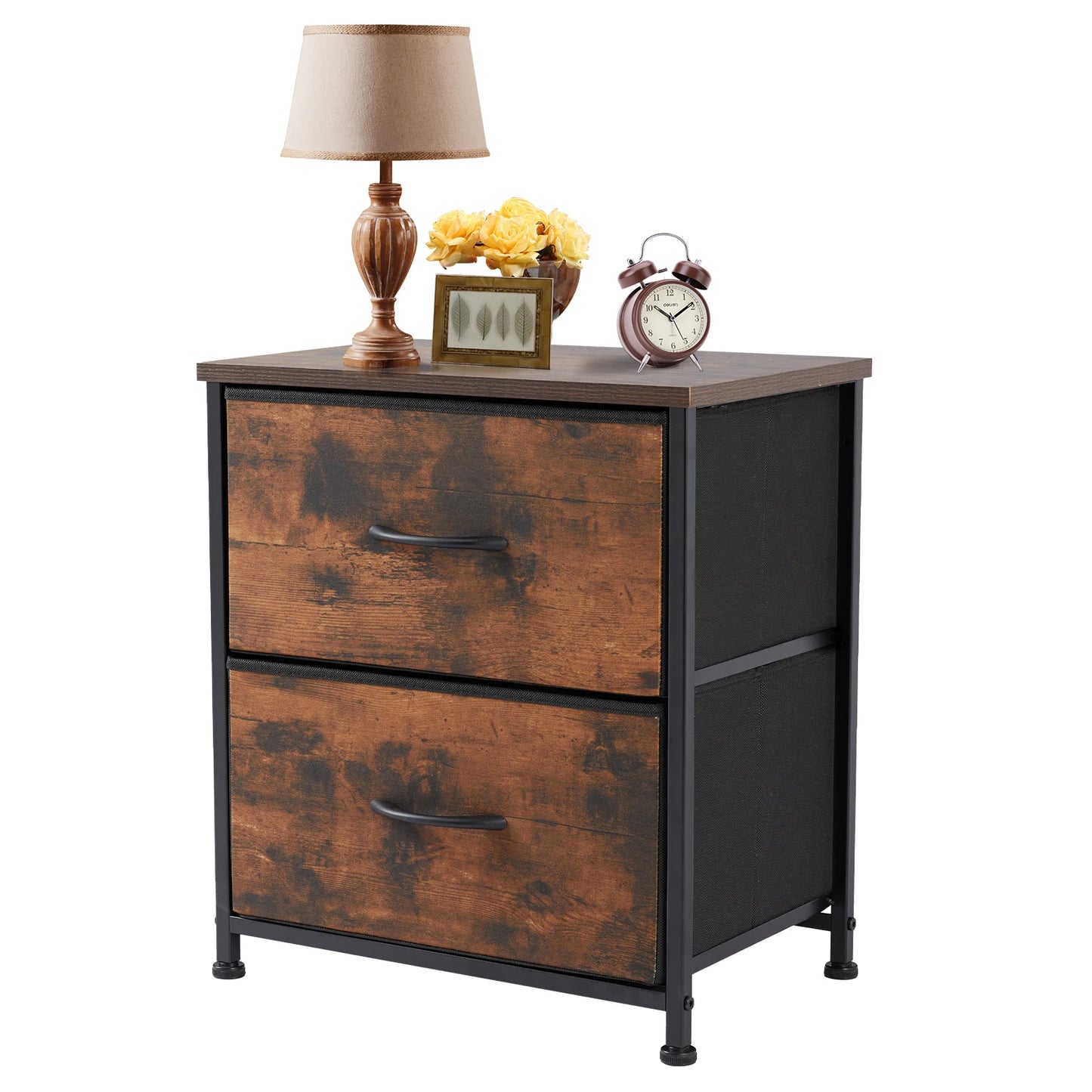 JHK Modern Nightstand With Dual Fabric Drawers And Metal Frame