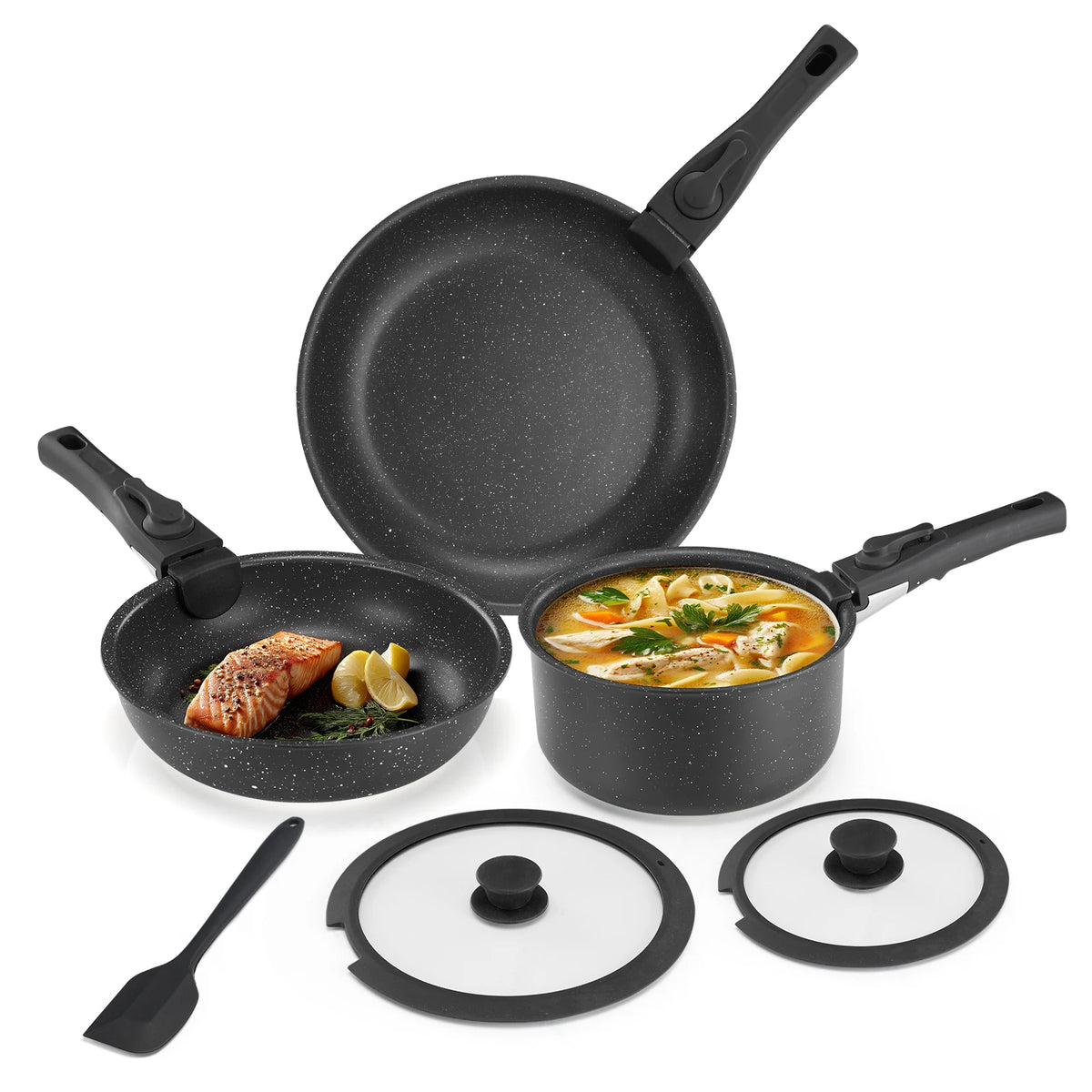 Nonstick Granite Cookware Set With Detachable Handles And Glass Lids