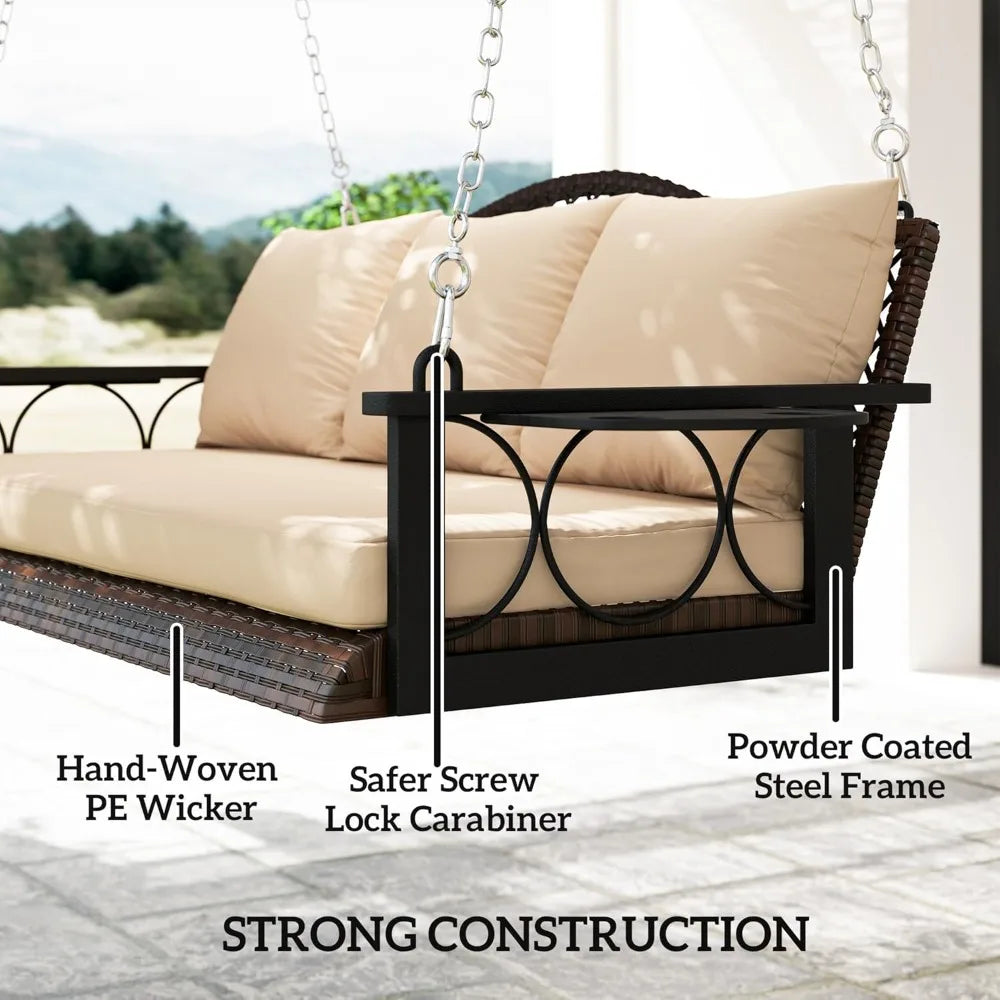 Three Person Wicker Porch Swing Chair Heavy Duty 800 Lbs Cup Holder Patio