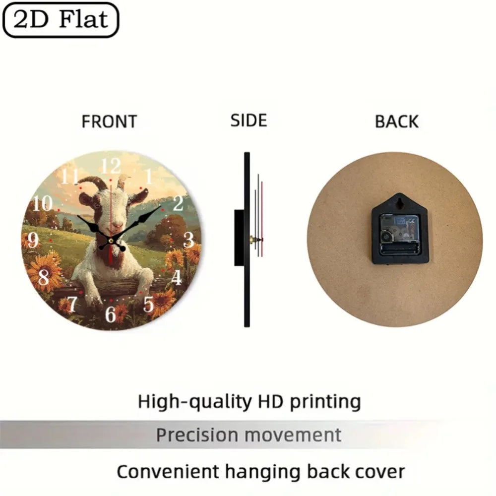 XMSJ 10 Inch Smiling Goat Sunflowers Wooden Wall Clock