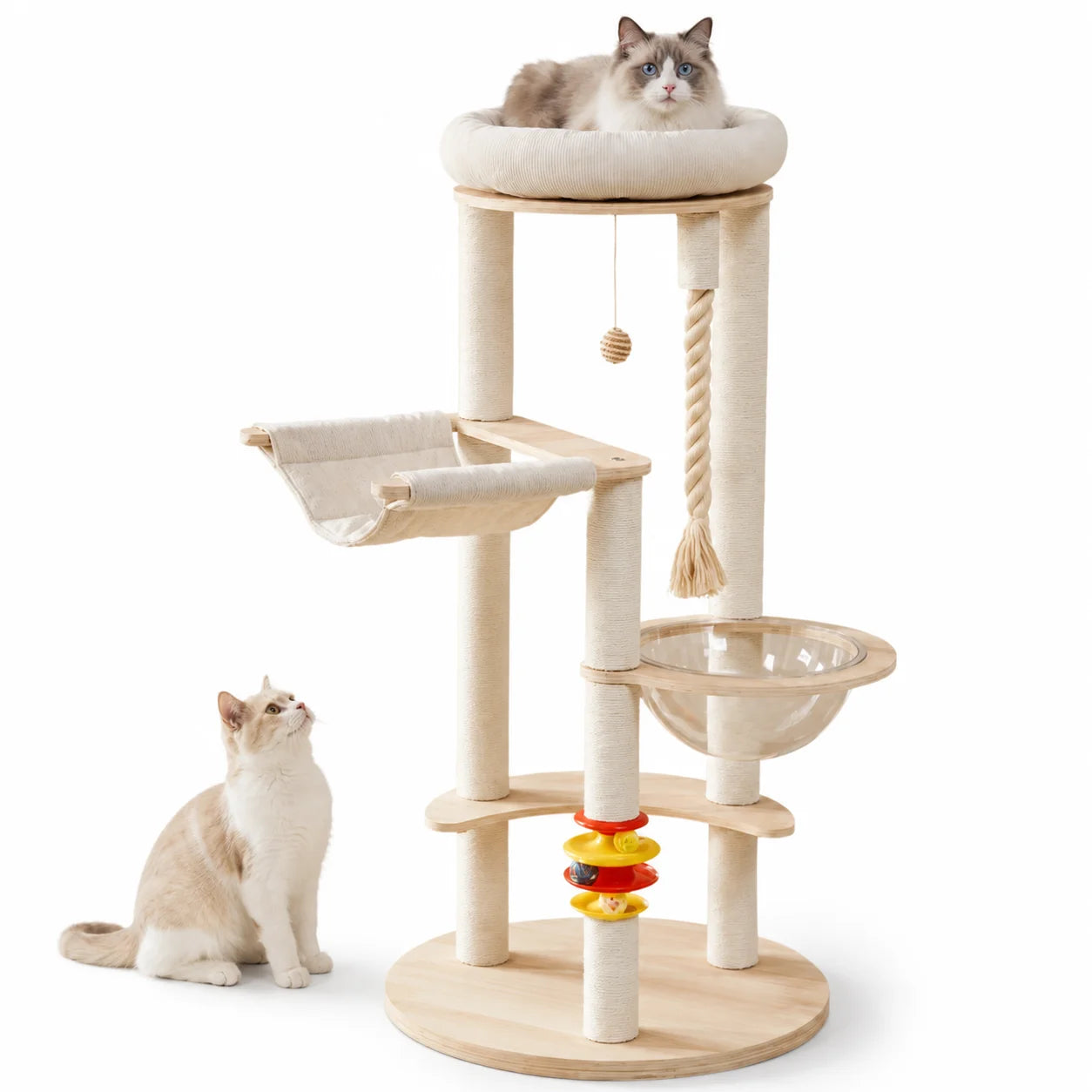 Sturdy Wooden Cat Tree With Space Capsule Hanging Ball Perch