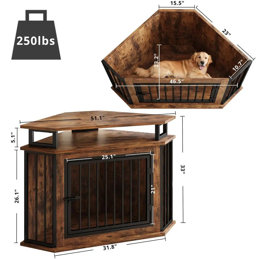 Corner Dog Crate Furniture With Two Tier Shelves For Large Dogs