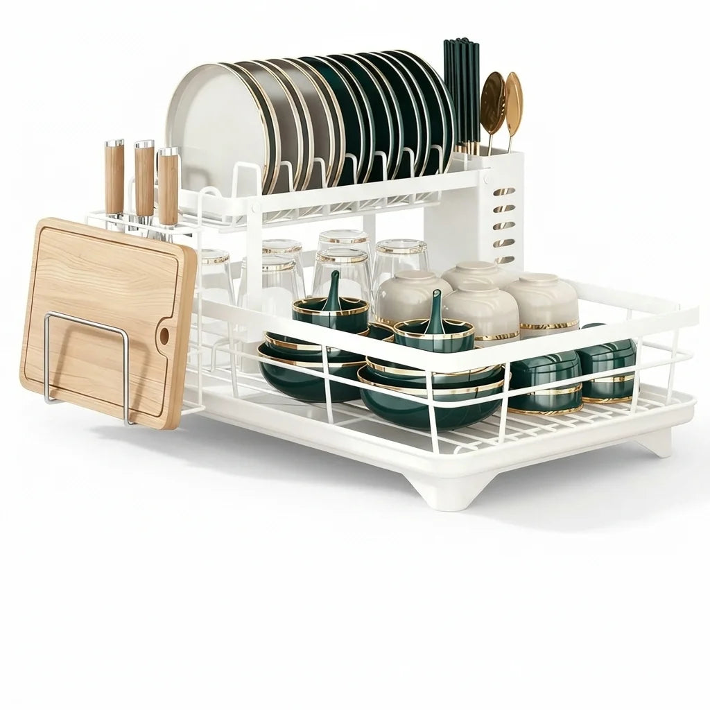 AEHOME Two Tier Expandable Dish Rack With Drainboard And Organizer