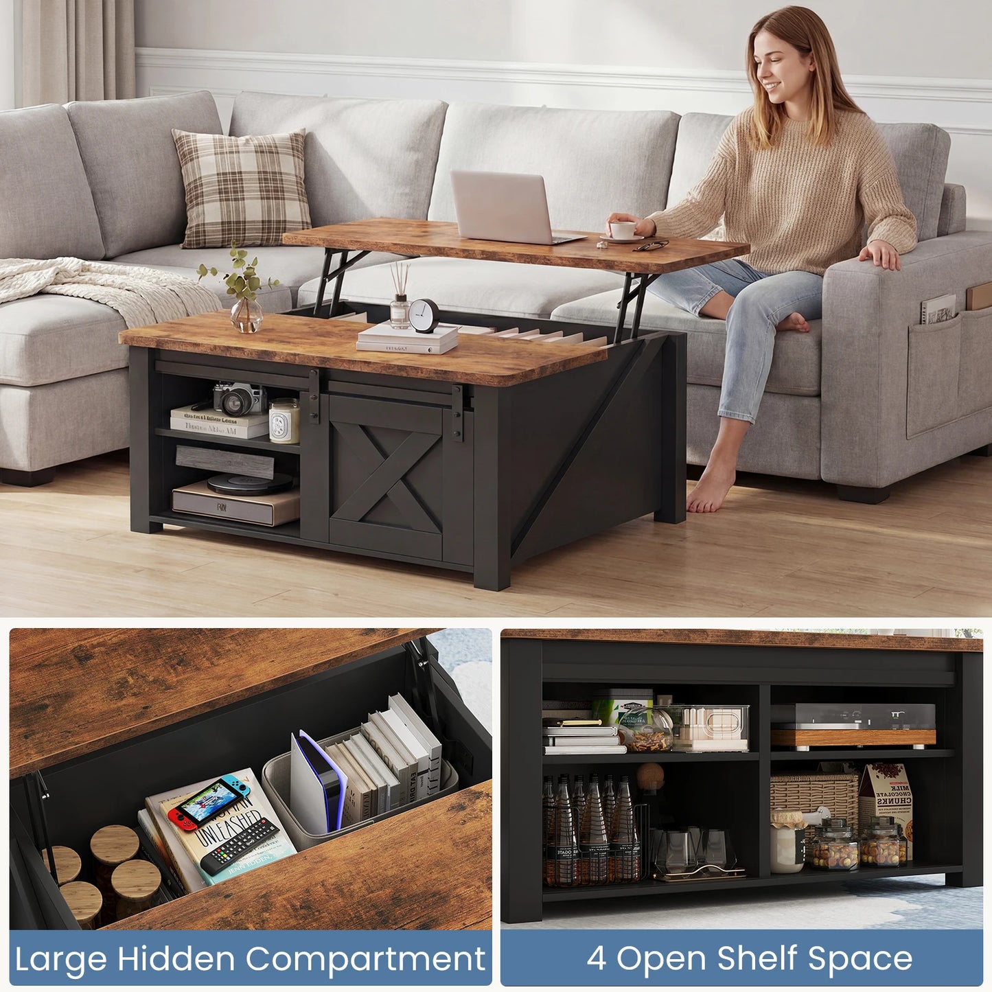MCQ Lift Top Wood Coffee Table With Adjustable Storage