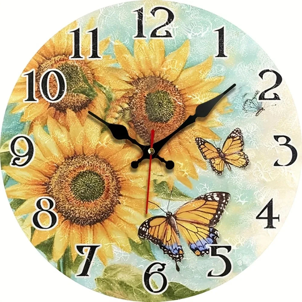 Jfht Wooden Silent Wall Clock With Sunflower Design For Home