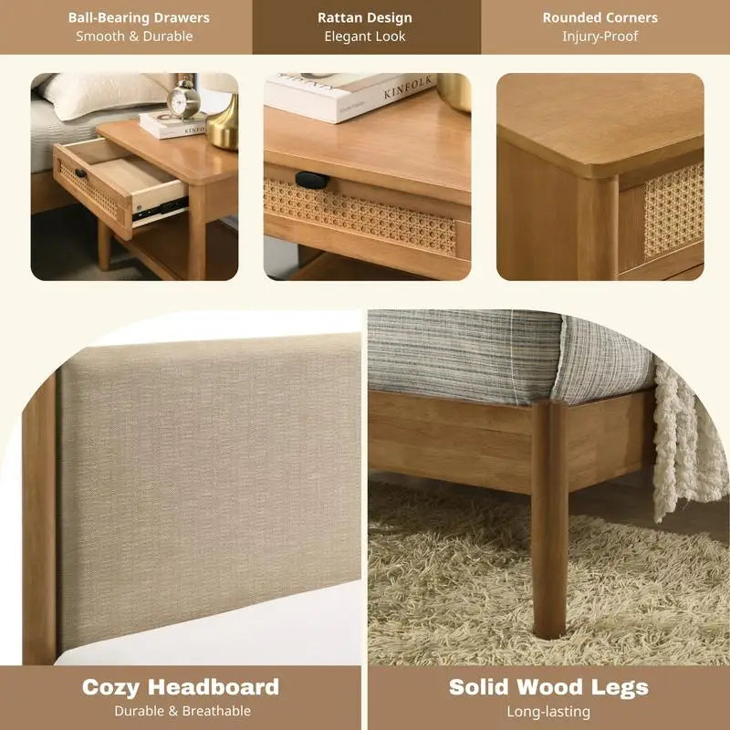 Rubberwood 6-Piece Bedroom Set With Upholstered Queen Bed, Dresser, Mirror