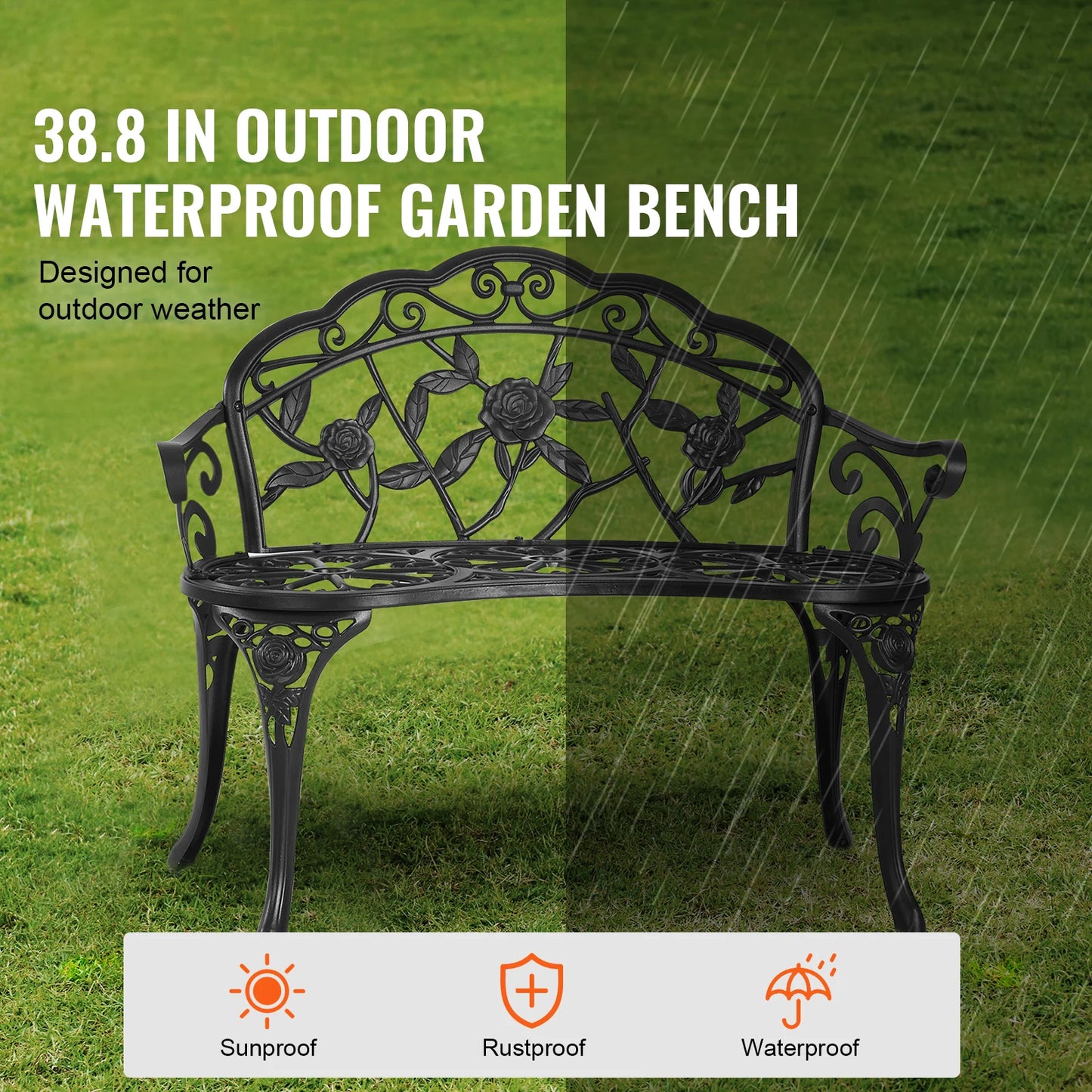 SucceBuy Outdoor Bench Wood Metal Garden Bench Durable