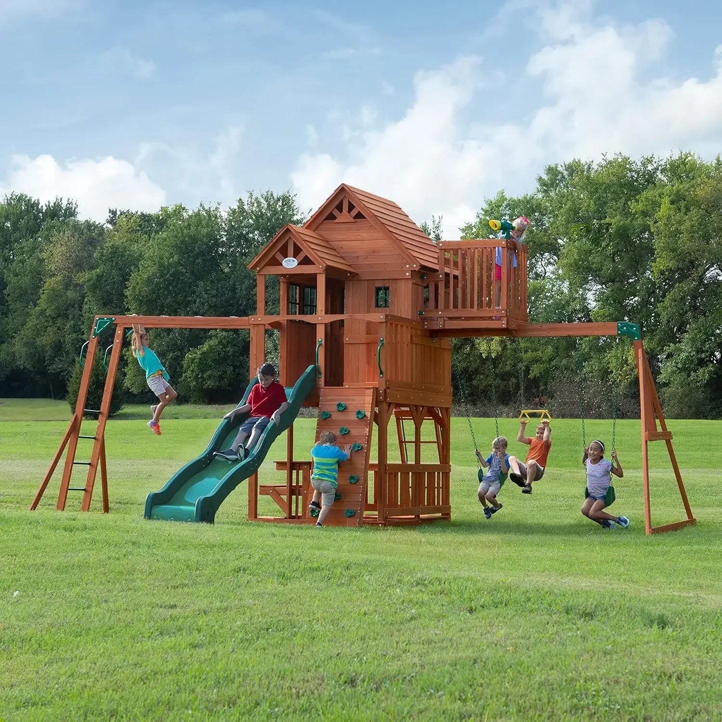 Cedar Wood Swing Set With Wave Slide And Monkey Bars