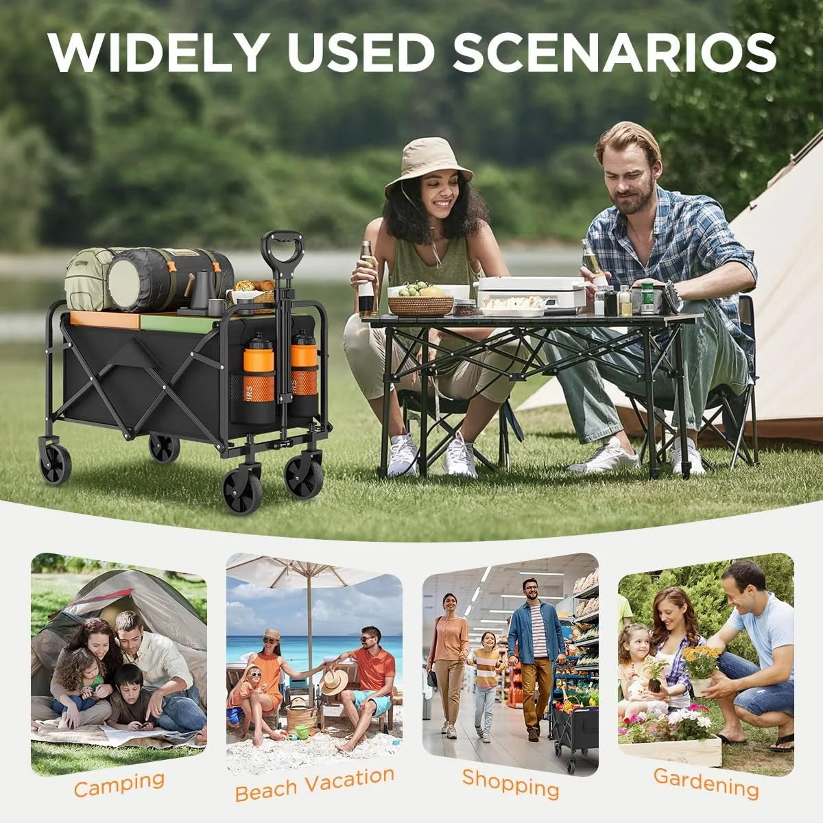 Heavy Duty Folding Garden Wagon With Adjustable Handle For Outdoors