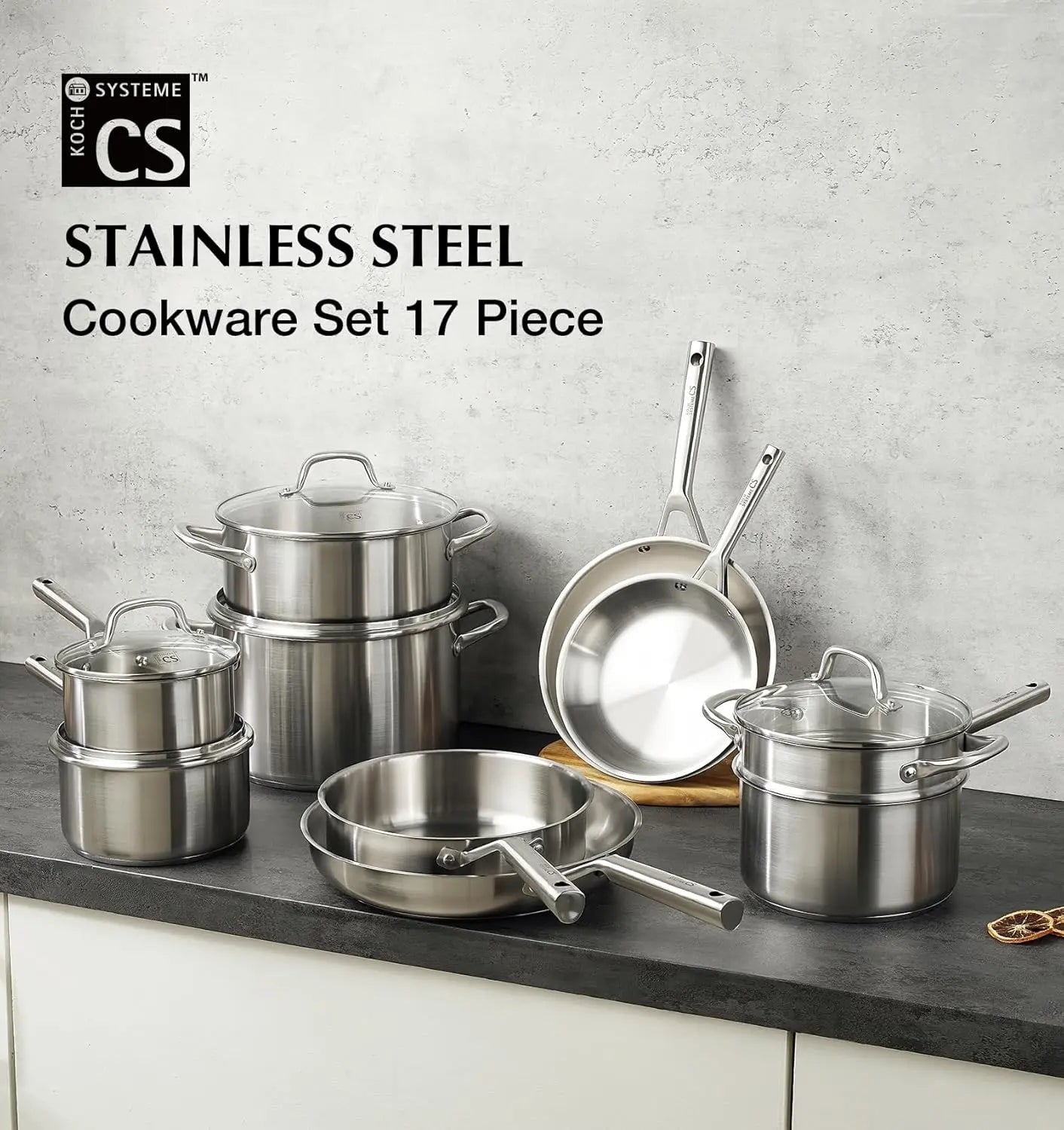 Stainless Steel Cookware Set 17-Piece With 5-Layer Base Induction Safe