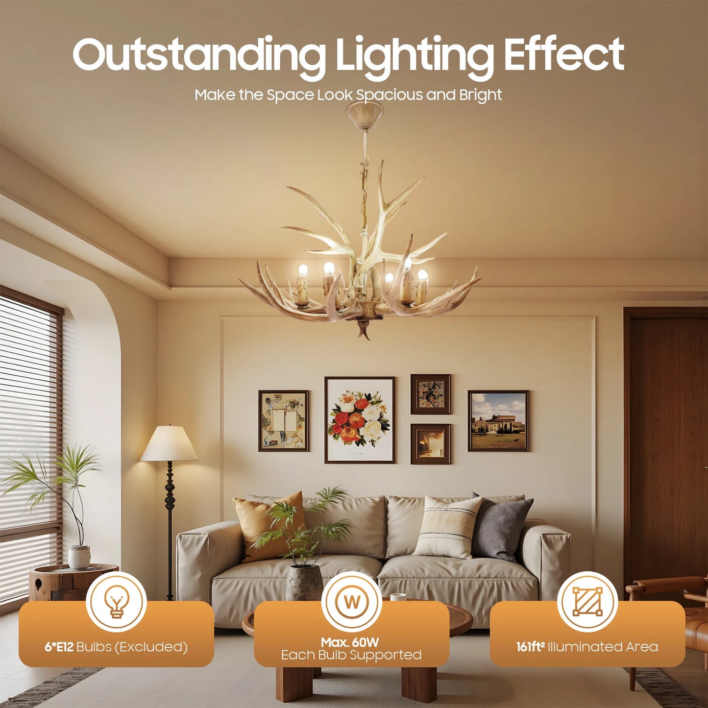 Resin Deer Antler Ceiling Light 6-Light Pendant 110V Chandelier