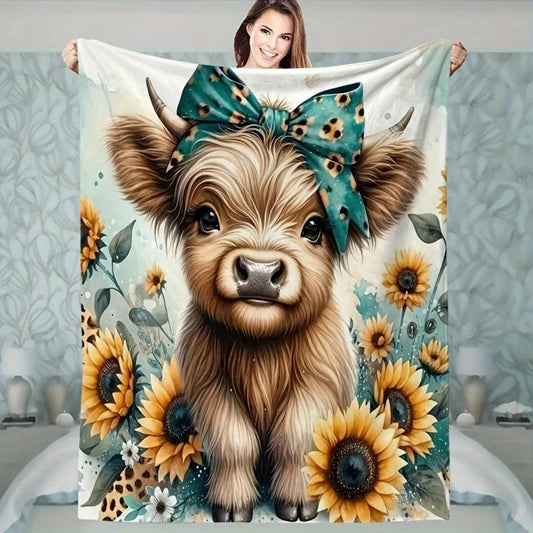 Highland Cow and Sunflower Hug Blanket Digital Print Flannel