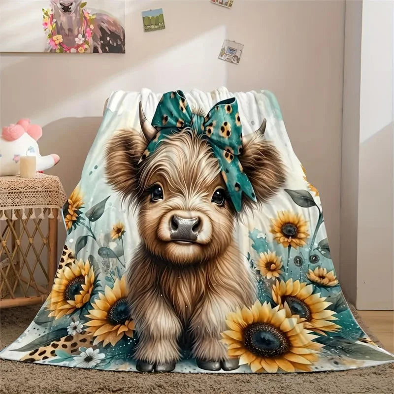 Highland Cow and Sunflower Hug Blanket Digital Print Flannel