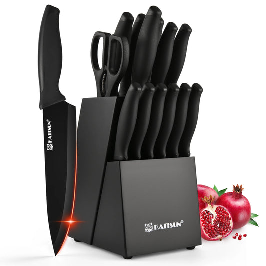 KATISUN Carbon Steel Kitchen Knife Block Set With Sharpener