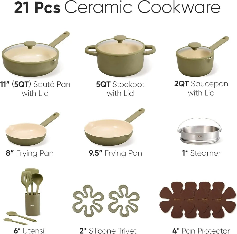 21-Piece Nonstick Cookware Set Ceramic Coating PFAS Free Induction-Compatible