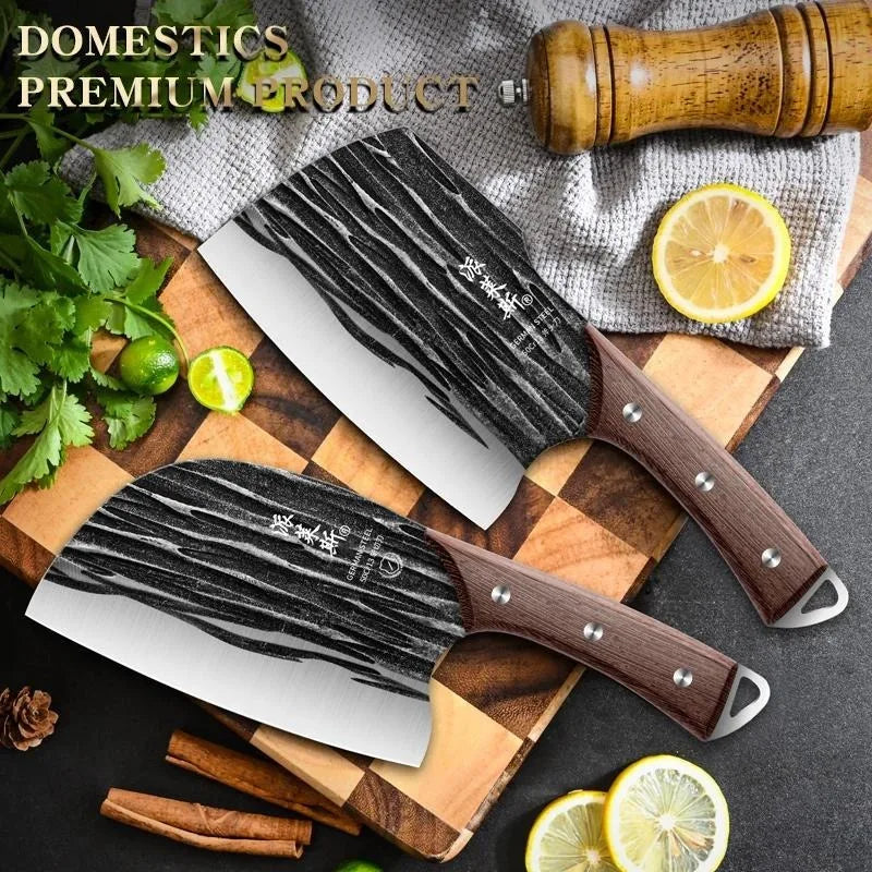 Hand Forged Hardwood Handle Cleaver Set Stainless Steel Meat Knives