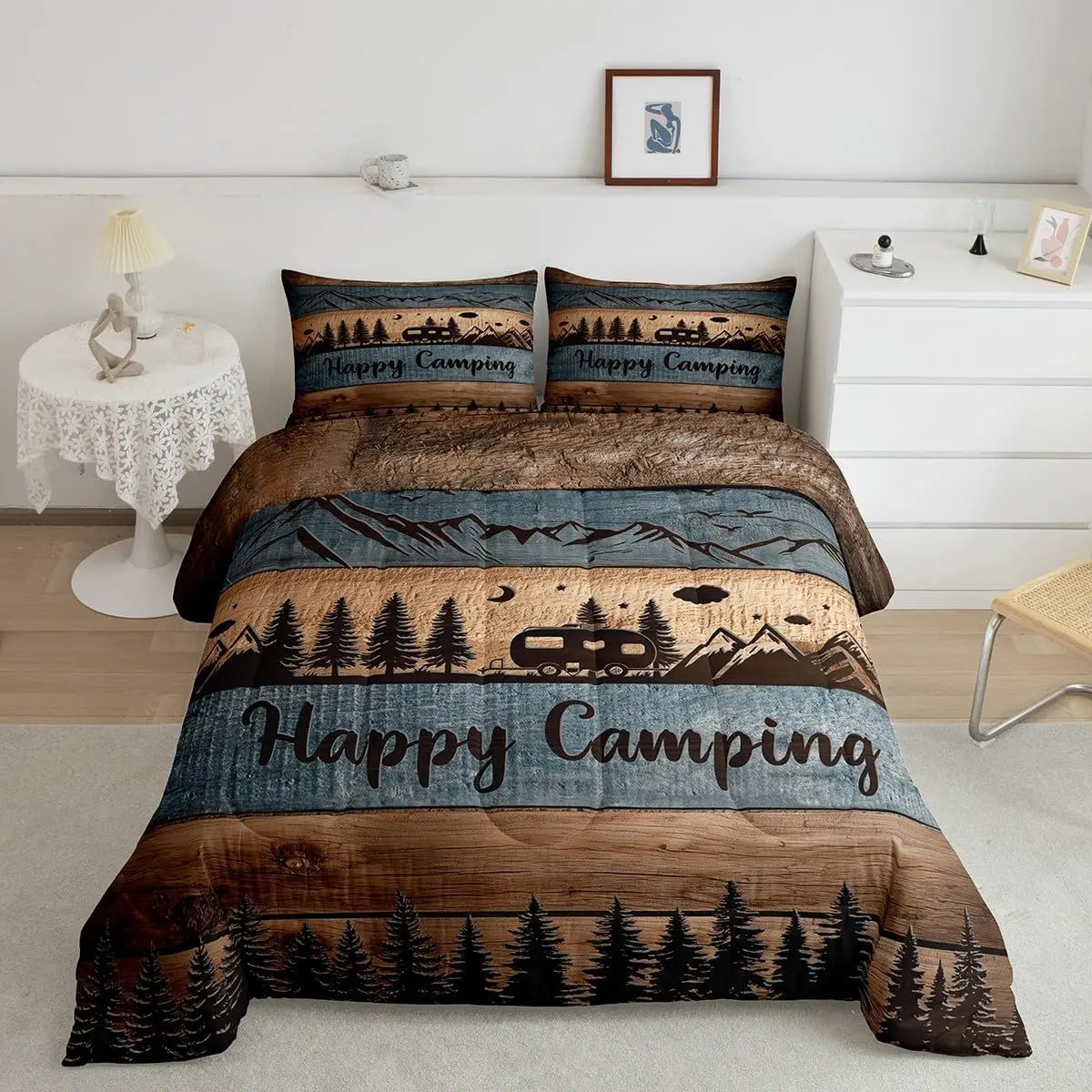 YTYIN Happy Camping Comforter Set With Camper Themed Pillow Cases