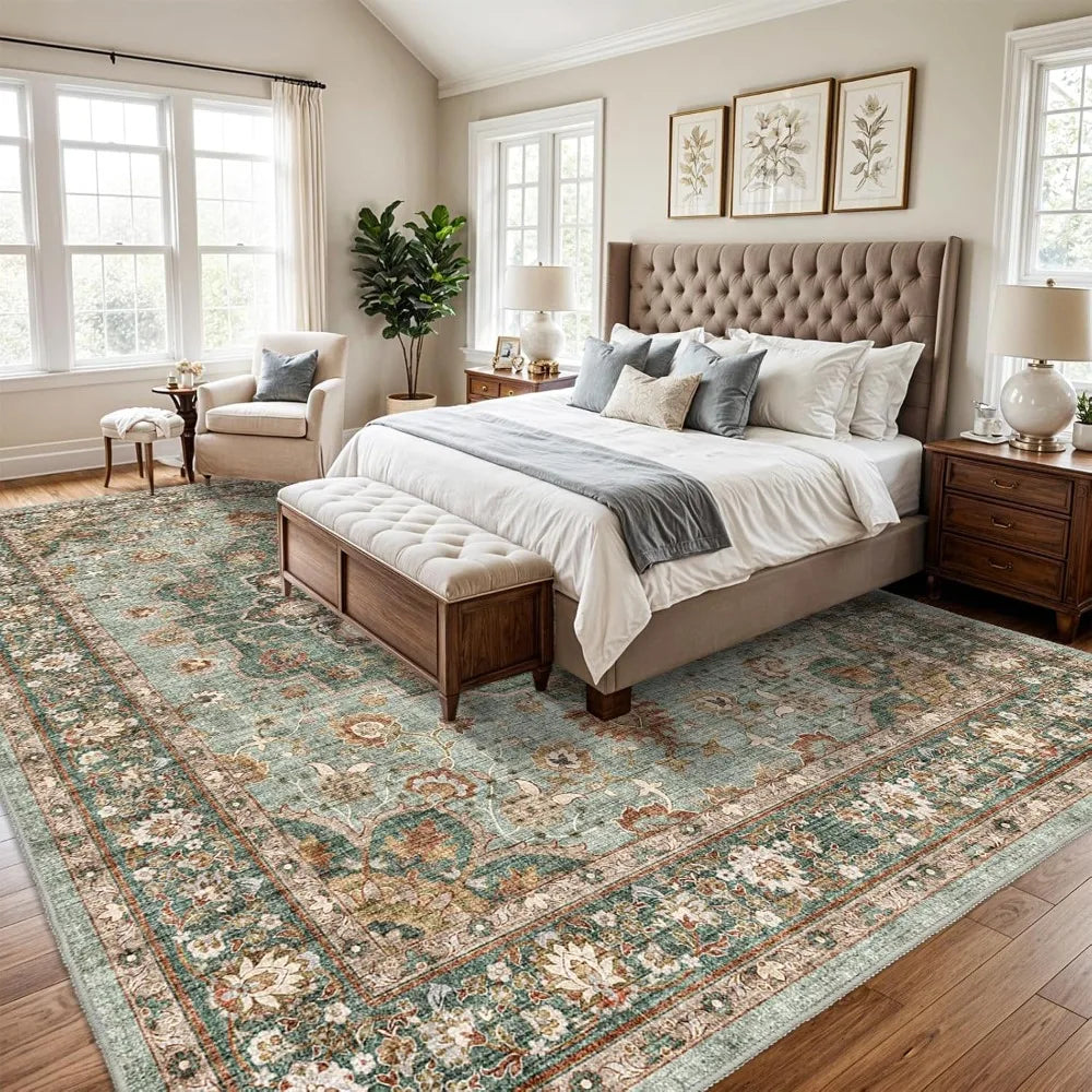 Oriental Washable Area Rug Polyester Flat-Woven for Living Room