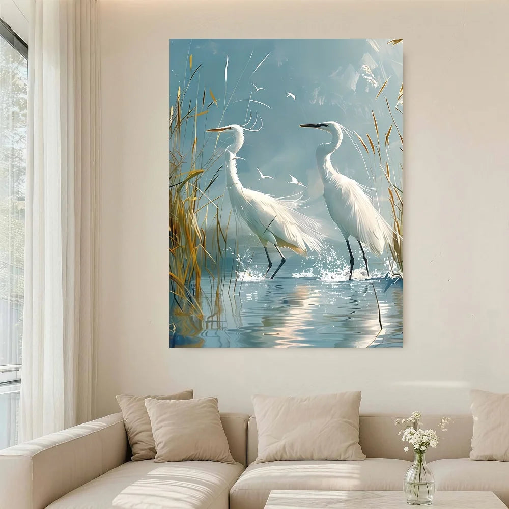 Framed Canvas Wall Art Egret Fishing Scene With Jumping Fish
