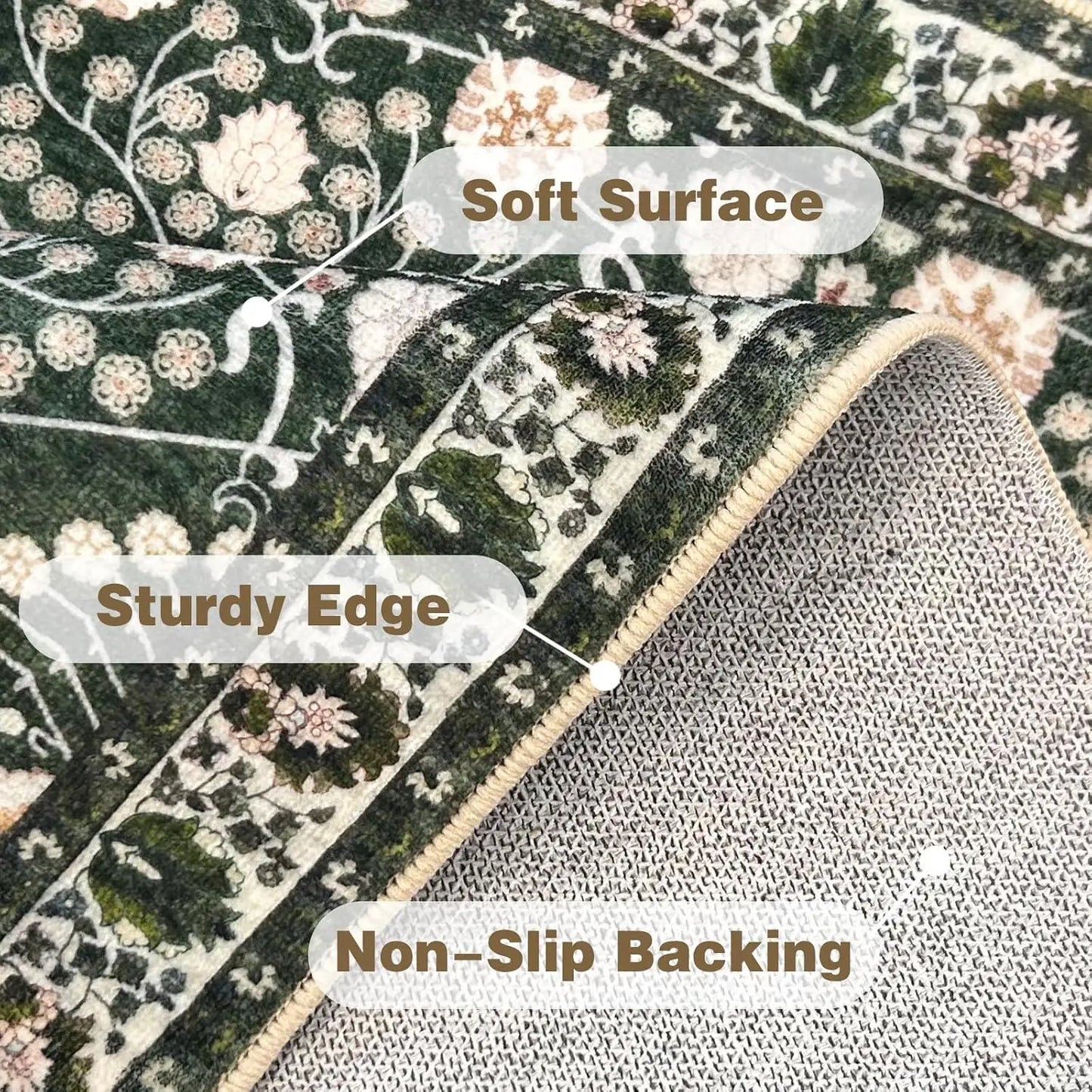 3x5 Boho Area Rug Machine Washable Non Slip Floral Carpet for Living Room Dining Room Laundry Room Dark Green
