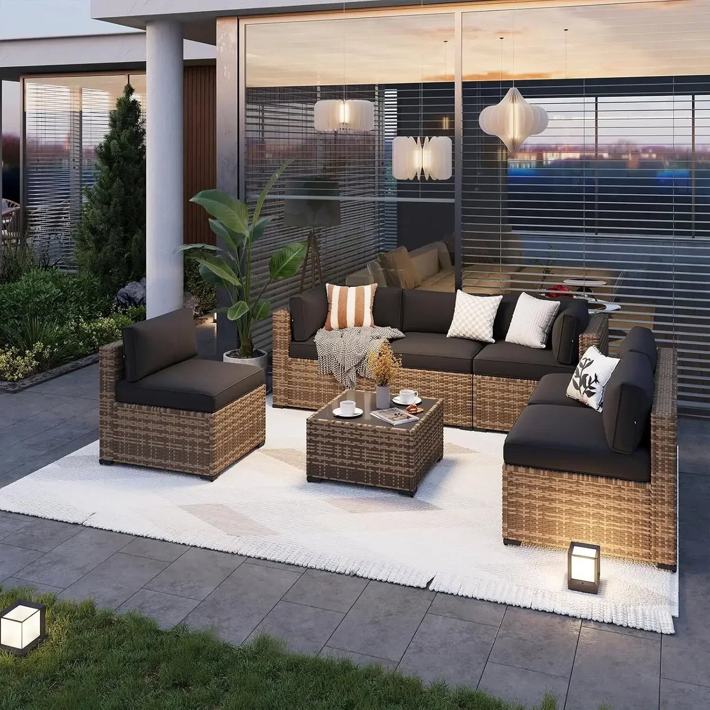7-Piece Outdoor Patio Furniture Set With Thick Cushions, Wicker Conversation Set