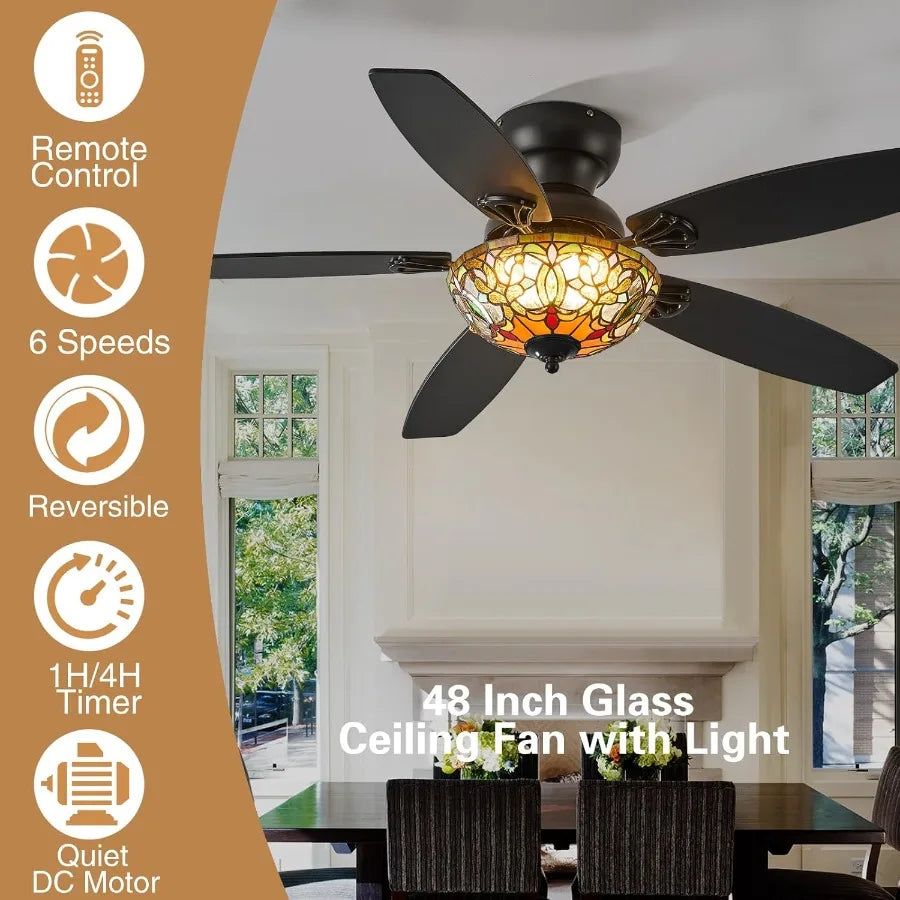 Tiffany Style Six Speed Ceiling Fan With Integrated Lights