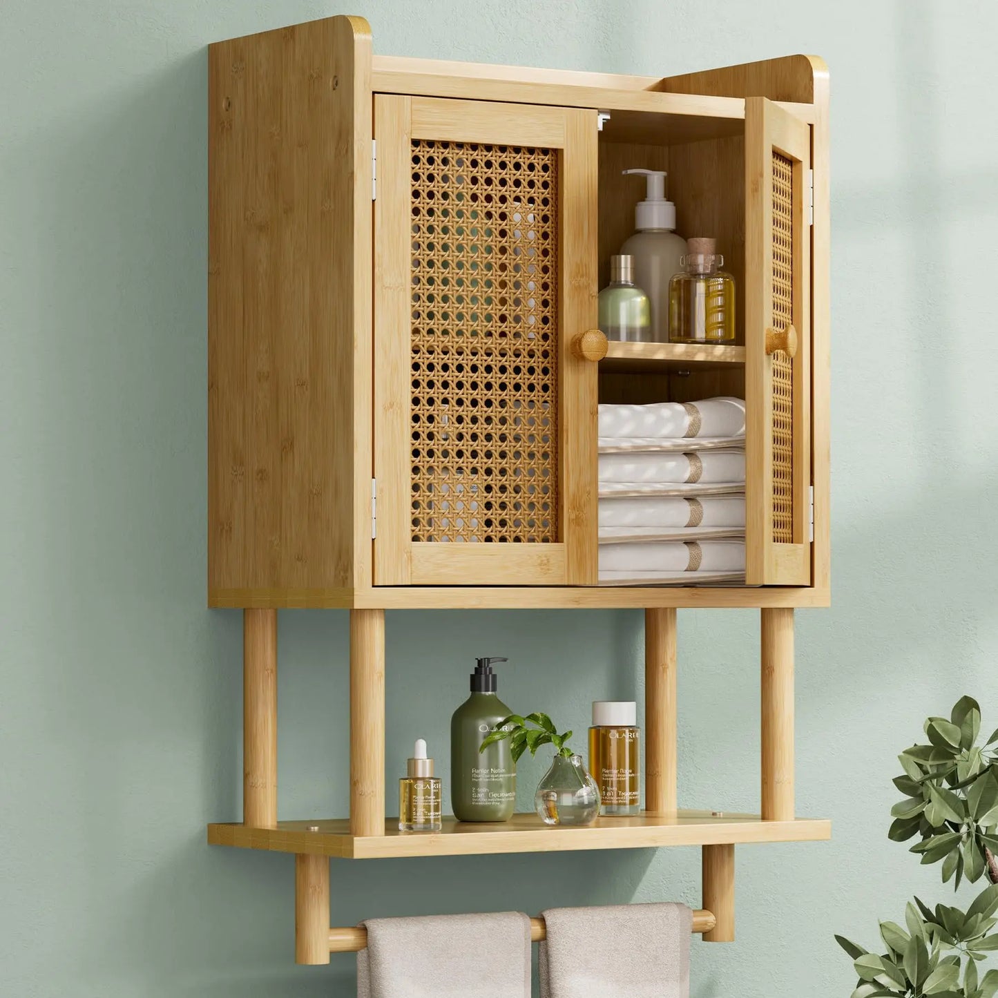 XIUWO Bamboo Bathroom Wall Cabinet With Rattan Door