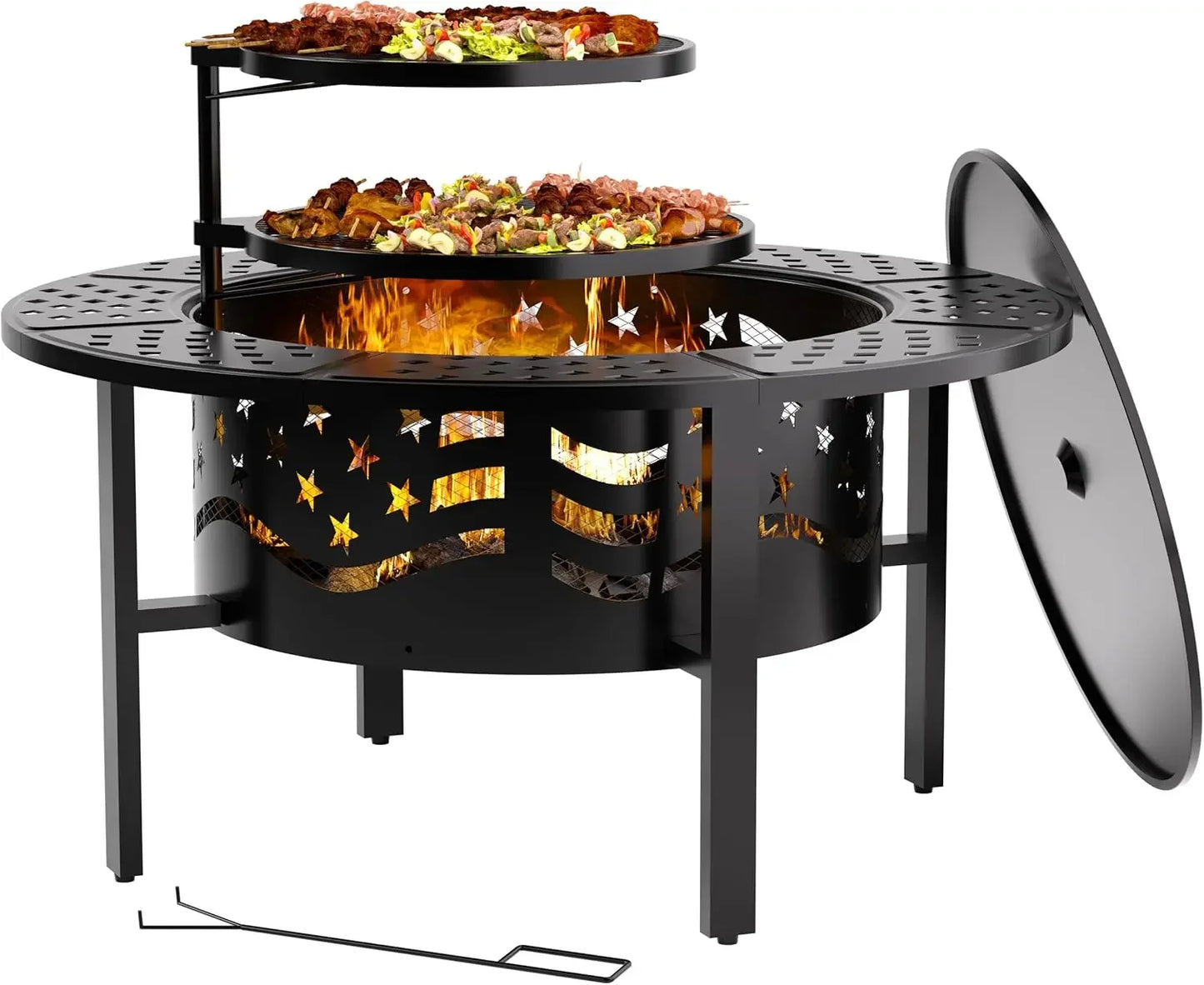 Outdoor Fire Pit With Grills Heavy Duty Metal Construction