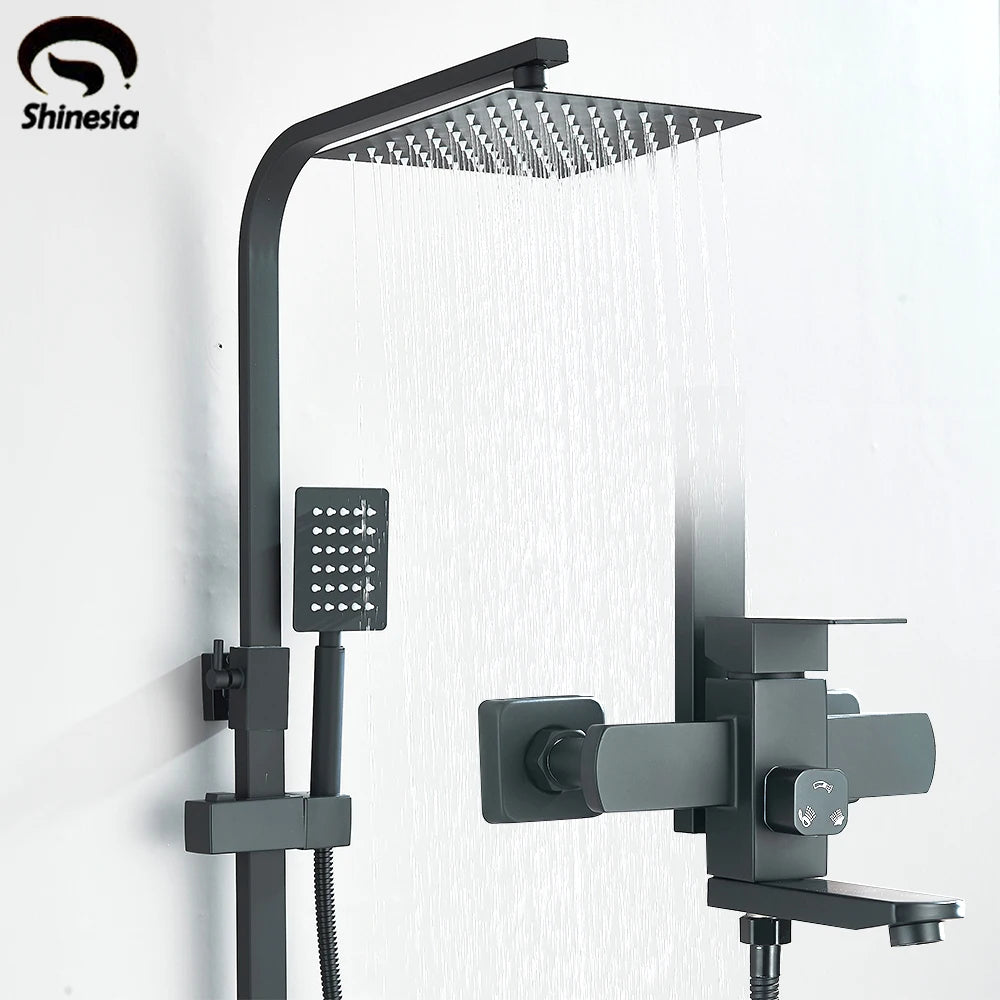 Shinesia Black Luxury Wall Mounted Square Rainfall Shower Faucet