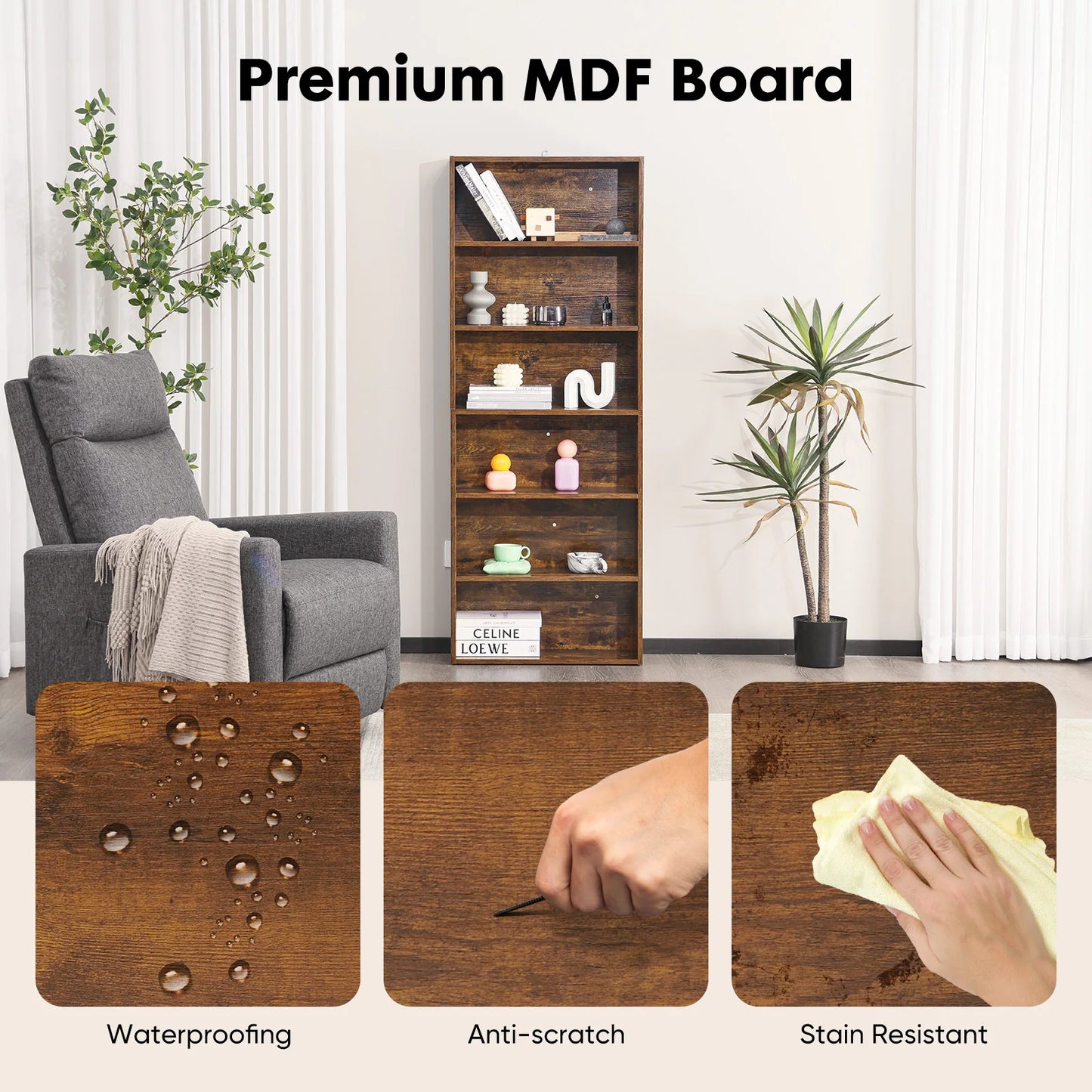 JHK Six Tier Wooden Bookcase For Home Office Storage