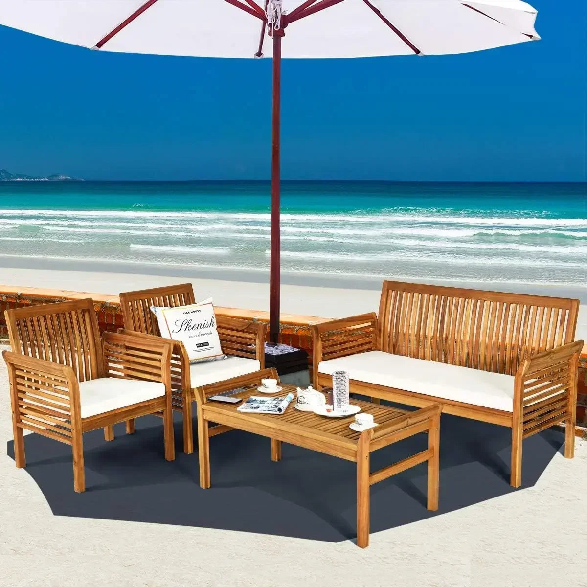 Acacia Wood Sofa Set With Water Resistant Cushions