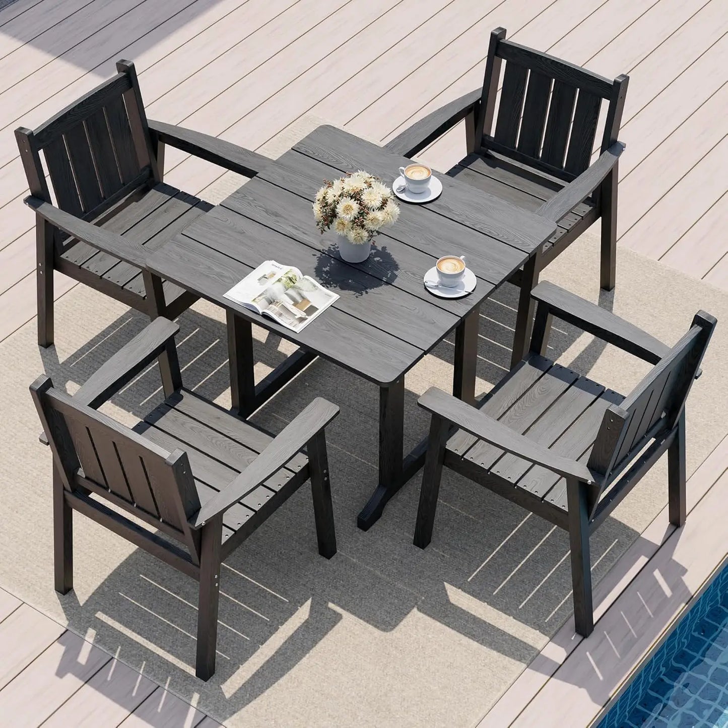 Outdoor HDPE Dining Set With Wood Grain Table And Chairs