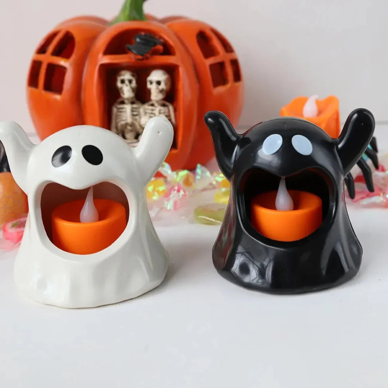 DIAMRI Glowing Ghost Candle Holder Battery Powered Halloween Decor