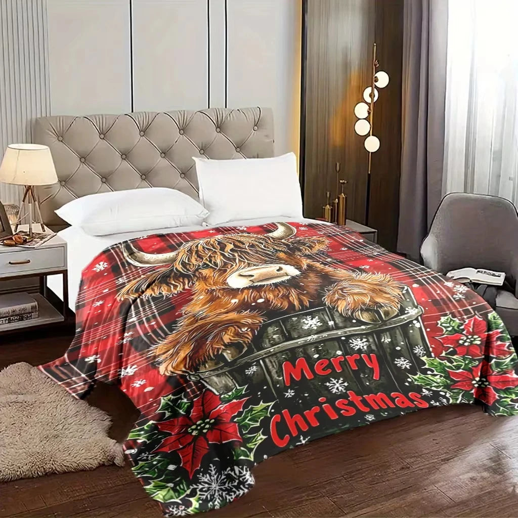 Christmas Highland Cow Snowflake Flannel Blanket Cozy Gift