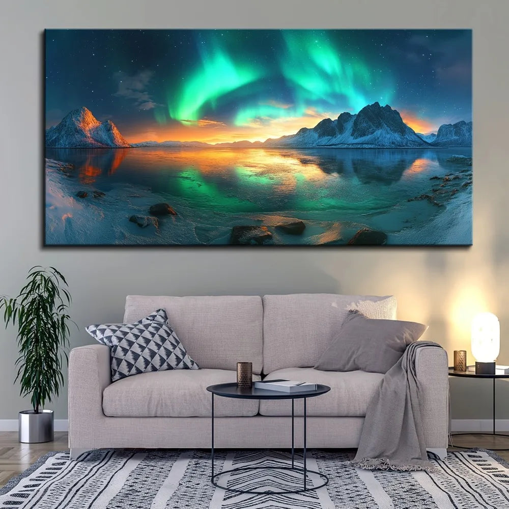 Pine Frame Snow Mountain Aurora Landscape Painting Home Decor