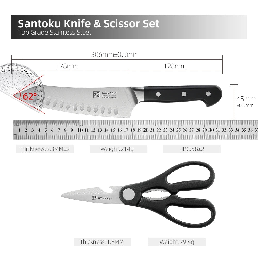 KEEMAKE Japanese Santoku Chef Knife Set with Kitchen Scissors