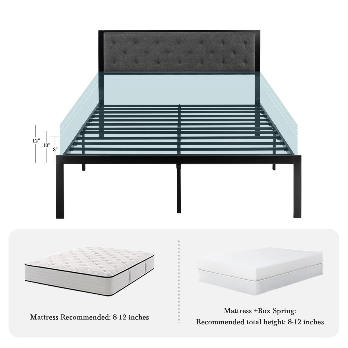 Hoomic Metal Bed Frame With Upholstered Stitched Linen Headboard