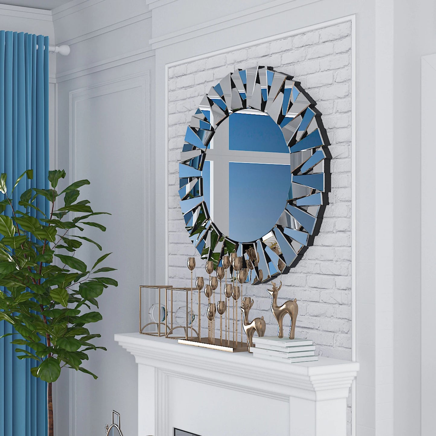 Sunburst Round Wall Mirror With Beveled Glass Wall Decor