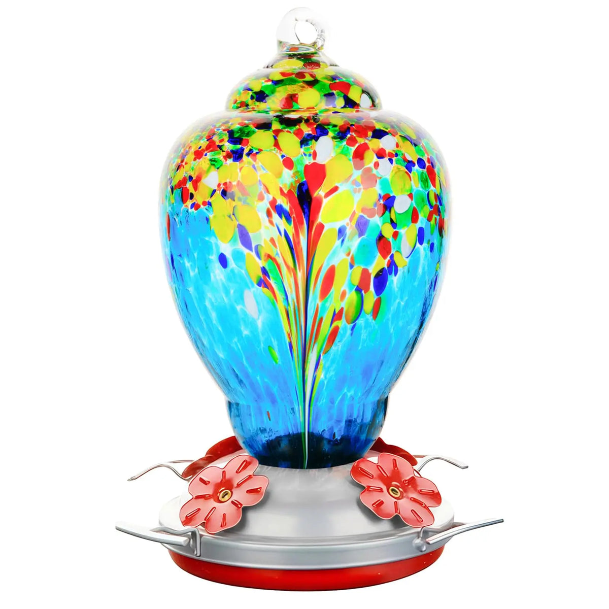 Hand Blown Glass Hummingbird Feeder With Ant Moat For Gardens