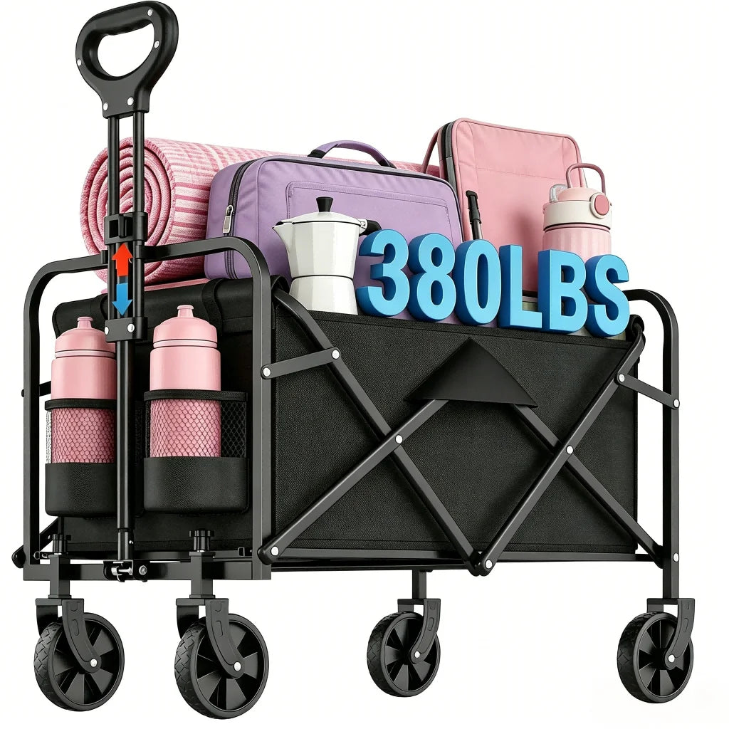 Heavy Duty Folding Garden Wagon With Adjustable Handle For Outdoors
