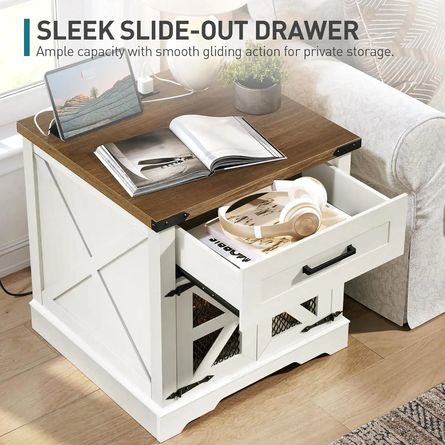 End Table With Charging Station USB Outlet Drawer Wood