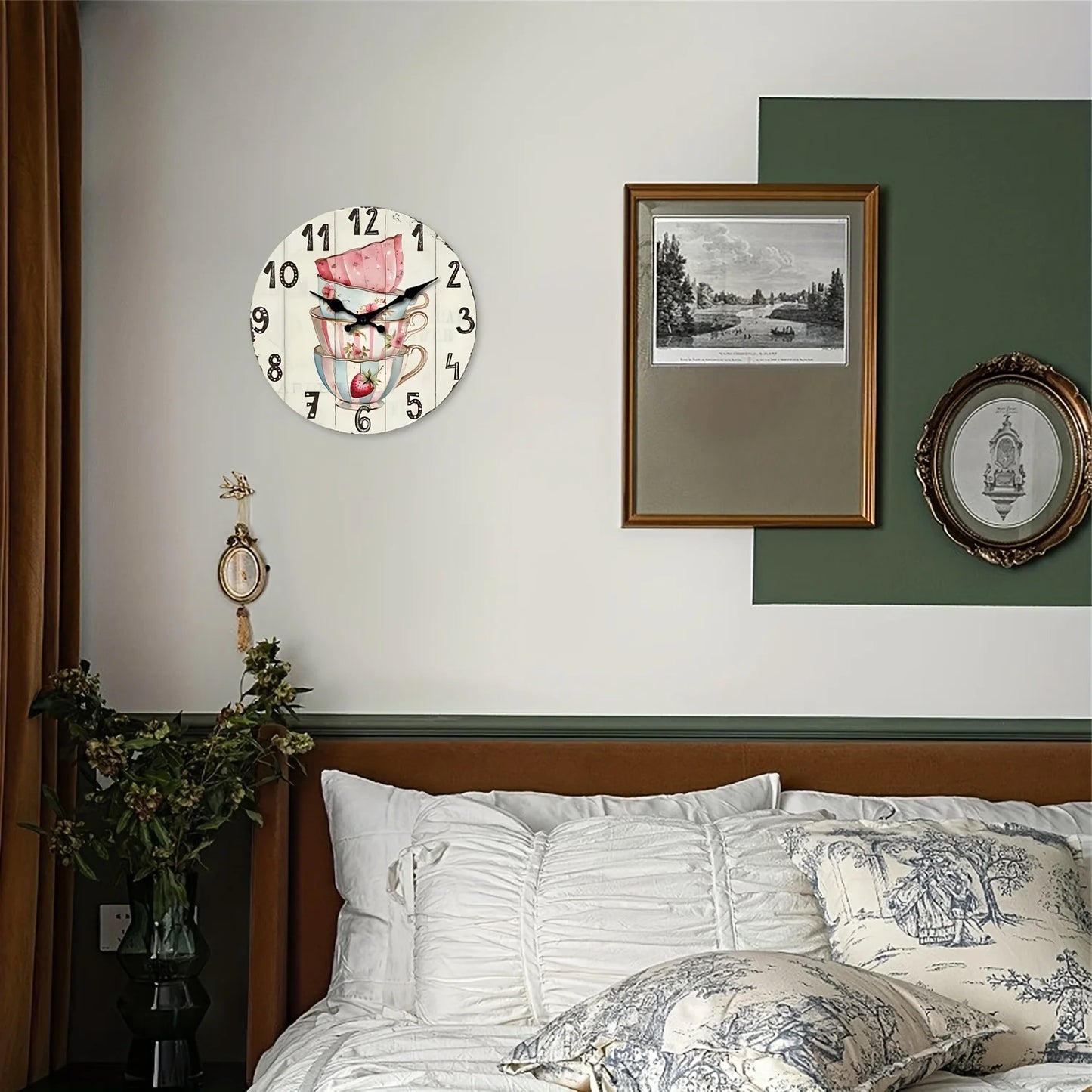 XMSJ Vintage Tea Coffee Cup Wooden Wall Clock Silent Analog