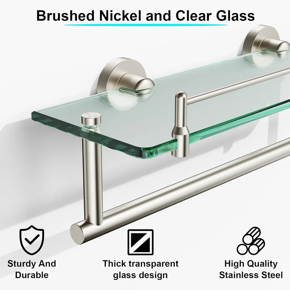 Glass Bathroom Shelf With Towel Bar In Brushed Nickel Finish